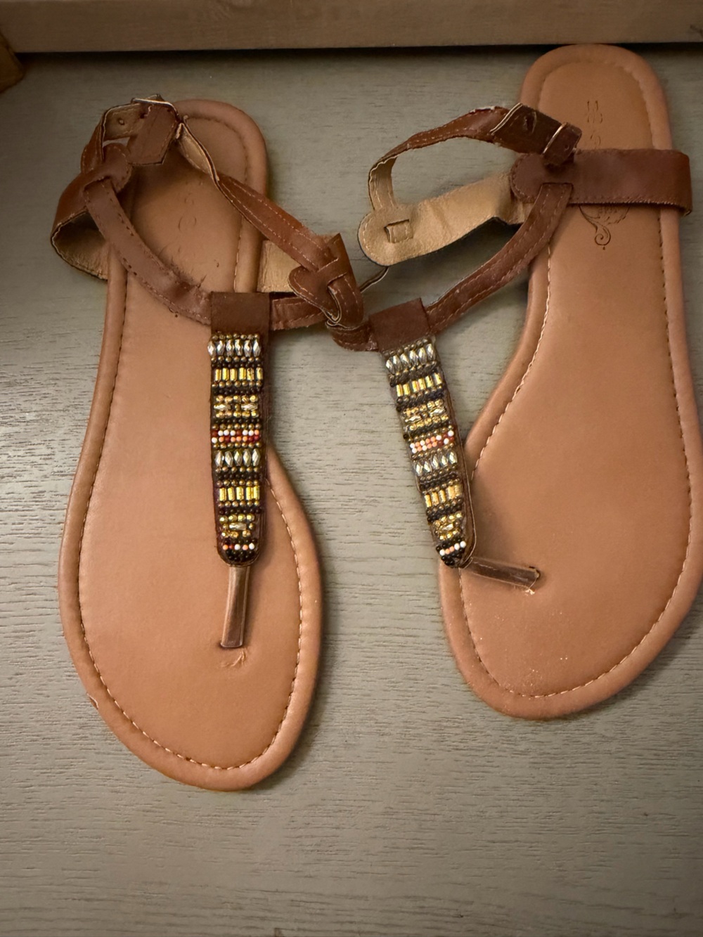 Brown Beaded Embellished Flat Sandals